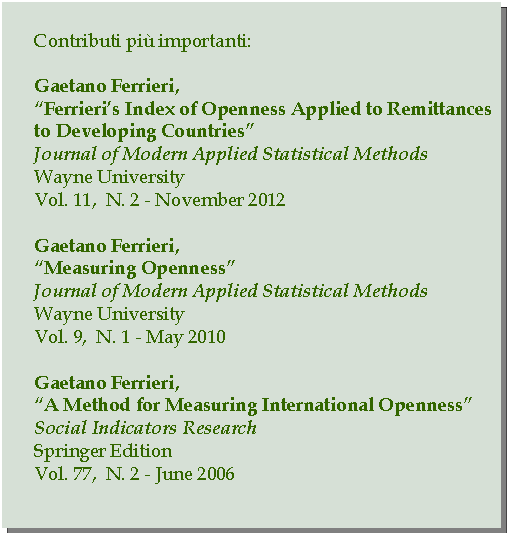 Casella di testo: Contributi pi importanti:Gaetano Ferrieri,Ferrieris Index of Openness Applied to Remittances to Developing CountriesJournal of Modern Applied Statistical MethodsWayne UniversityVol. 11,  N. 2 - November 2012Gaetano Ferrieri,Measuring OpennessJournal of Modern Applied Statistical MethodsWayne UniversityVol. 9,  N. 1 - May 2010Gaetano Ferrieri,A Method for Measuring International OpennessSocial Indicators ResearchSpringer EditionVol. 77,  N. 2 - June 2006
