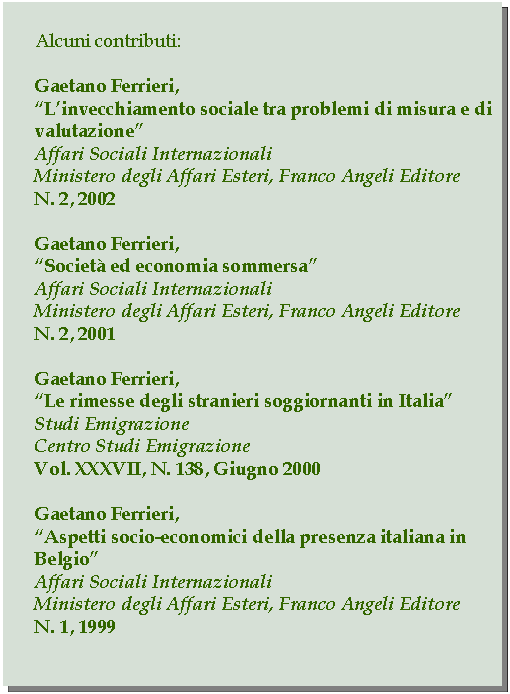 Casella di testo: Alcuni contributi:Gaetano Ferrieri,Linvecchiamento sociale tra problemi di misura e di valutazioneAffari Sociali InternazionaliMinistero degli Affari Esteri, Franco Angeli EditoreN. 2, 2002Gaetano Ferrieri,Societ ed economia sommersaAffari Sociali InternazionaliMinistero degli Affari Esteri, Franco Angeli EditoreN. 2, 2001Gaetano Ferrieri,Le rimesse degli stranieri soggiornanti in ItaliaStudi EmigrazioneCentro Studi EmigrazioneVol. XXXVII, N. 138, Giugno 2000Gaetano Ferrieri,Aspetti socio-economici della presenza italiana in BelgioAffari Sociali InternazionaliMinistero degli Affari Esteri, Franco Angeli EditoreN. 1, 1999