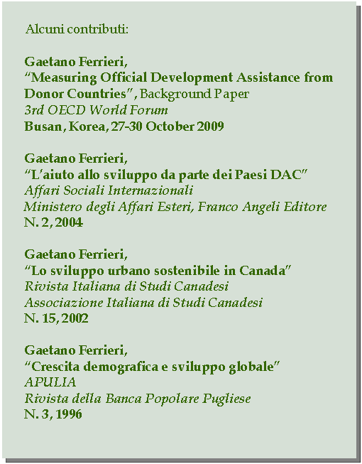Casella di testo: Alcuni contributi:Gaetano Ferrieri,Measuring Official Development Assistance from Donor Countries, Background Paper3rd OECD World ForumBusan, Korea, 27-30 October 2009Gaetano Ferrieri,Laiuto allo sviluppo da parte dei Paesi DACAffari Sociali InternazionaliMinistero degli Affari Esteri, Franco Angeli EditoreN. 2, 2004Gaetano Ferrieri,Lo sviluppo urbano sostenibile in CanadaRivista Italiana di Studi CanadesiAssociazione Italiana di Studi CanadesiN. 15, 2002Gaetano Ferrieri,Crescita demografica e sviluppo globaleAPULIARivista della Banca Popolare PuglieseN. 3, 1996