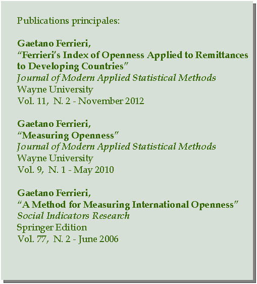 Casella di testo: Publications principales:Gaetano Ferrieri,Ferrieris Index of Openness Applied to Remittances to Developing CountriesJournal of Modern Applied Statistical MethodsWayne UniversityVol. 11,  N. 2 - November 2012Gaetano Ferrieri,Measuring OpennessJournal of Modern Applied Statistical MethodsWayne UniversityVol. 9,  N. 1 - May 2010Gaetano Ferrieri,A Method for Measuring International OpennessSocial Indicators ResearchSpringer EditionVol. 77,  N. 2 - June 2006